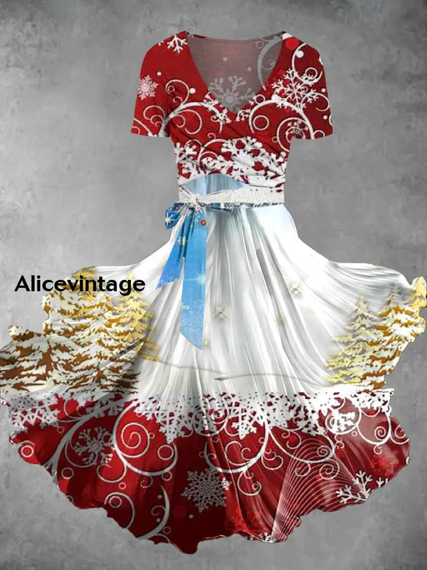 Vintage Christmas Art Print Retro Cross Fold Short Sleeve Two-Piece Midi Dress A / S