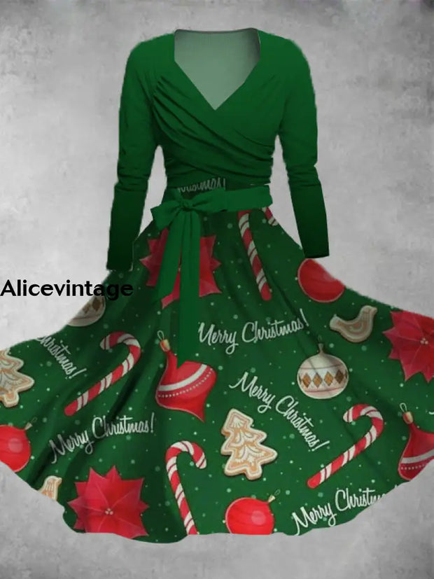 Vintage Christmas Floral Print V Neck Long Sleeve Belted Midi Dress A / S