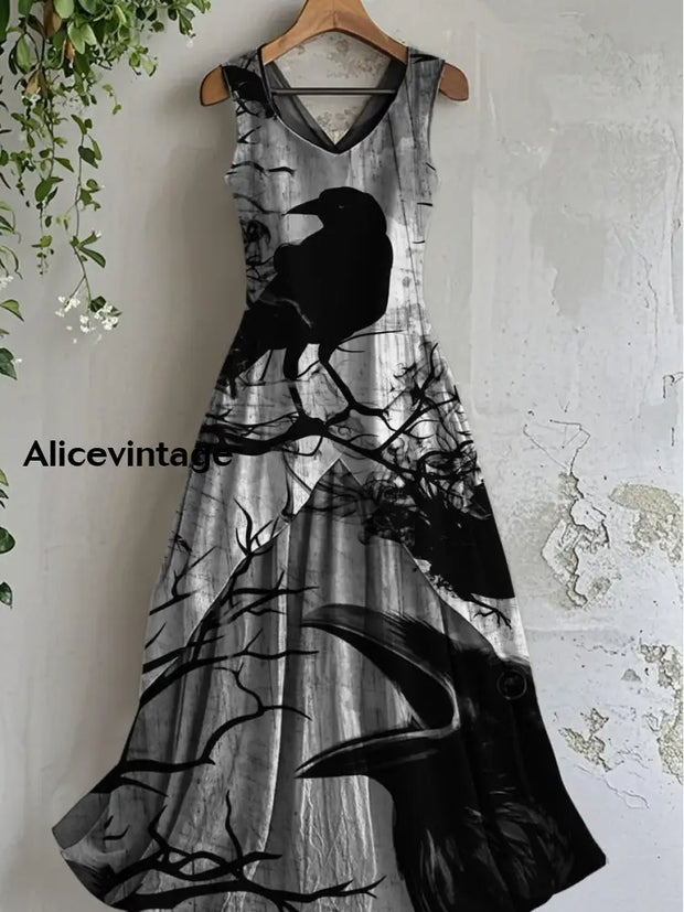 Vintage Crow Art Print Casual Cotton Midi Dress A / S