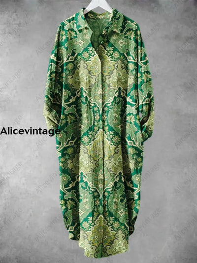 Vintage Dark Green Bohemia Printed V-Neck Lapel Button Loose Long Sleeve Shirt A / S