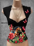 Vintage Derby Art Print V-Neck Casual Top A / S