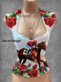 Vintage Derby Art Print V-Neck Casual Top A / S
