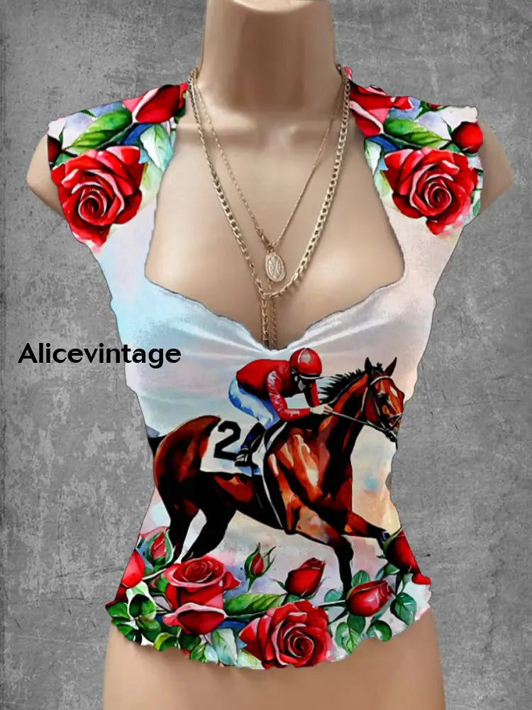 Vintage Derby Art Print V-Neck Casual Top A / S