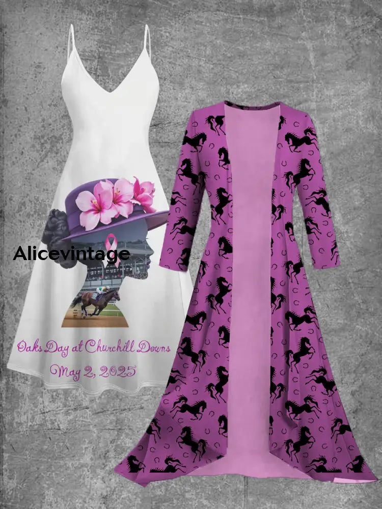 Vintage Derby Day Art Print Slip Dress Two-Piece Midi Dress A / S