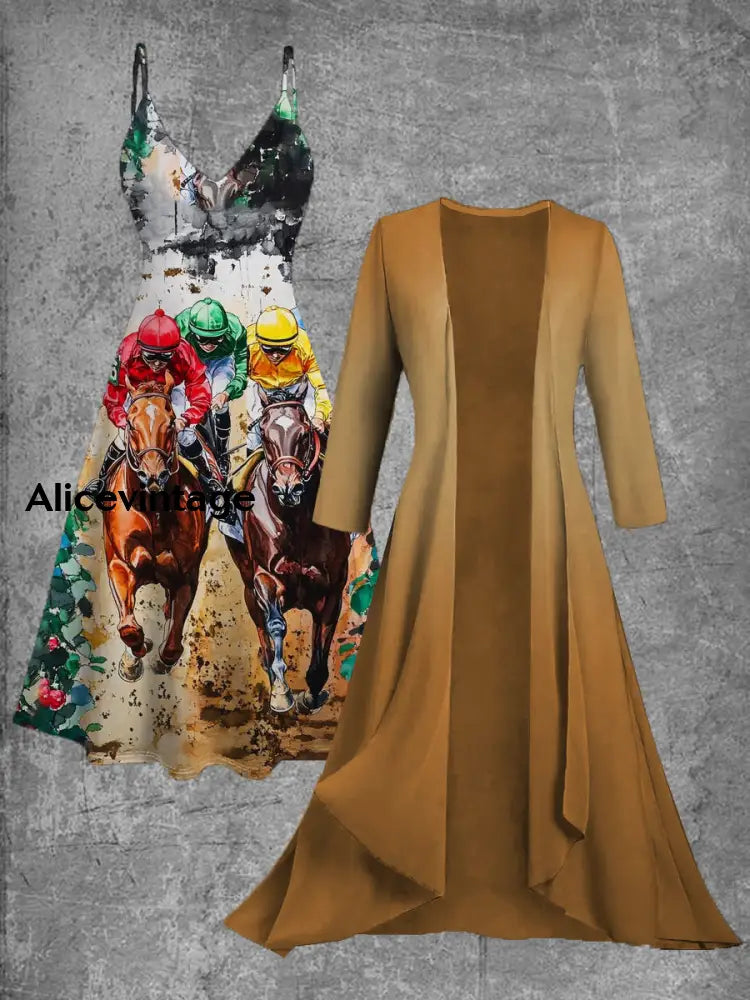 Vintage Derby Day Art Print Slip Dress Two-Piece Midi Dress A / S