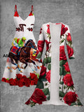 Vintage Derby Day Art Print Slip Dress Two-Piece Midi Dress A / S