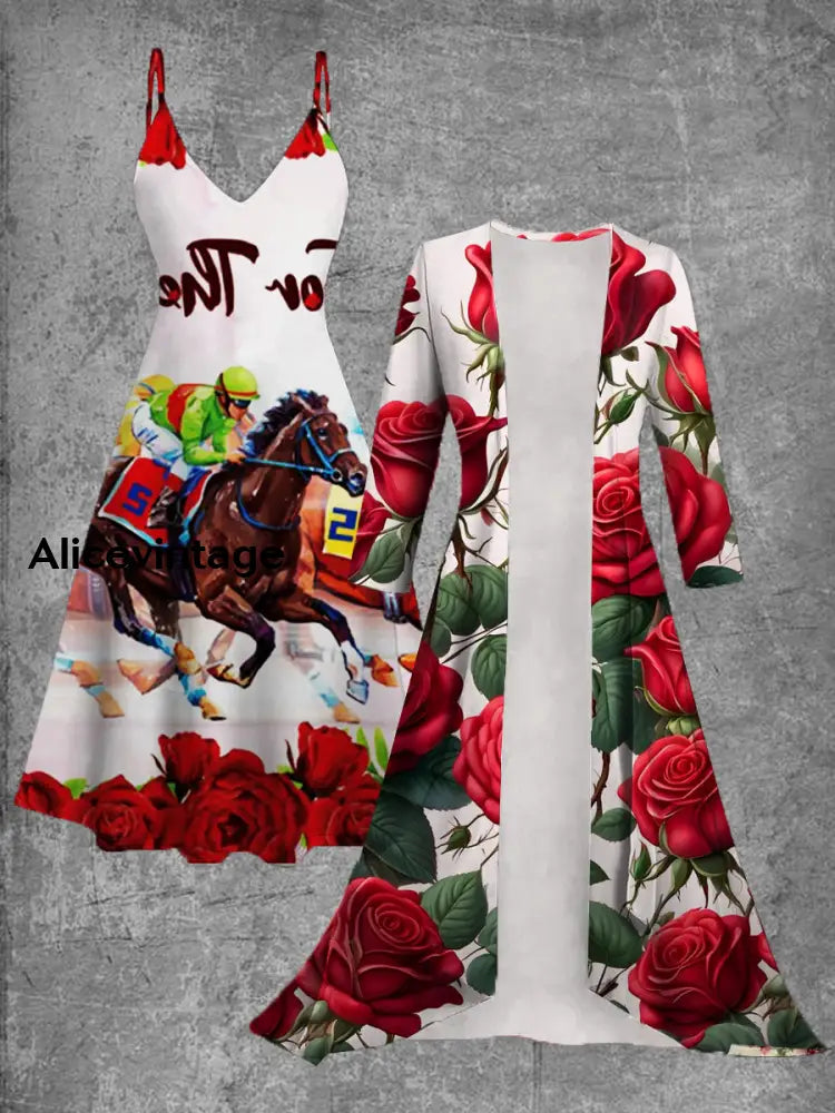 Vintage Derby Day Art Print Slip Dress Two-Piece Midi Dress A / S