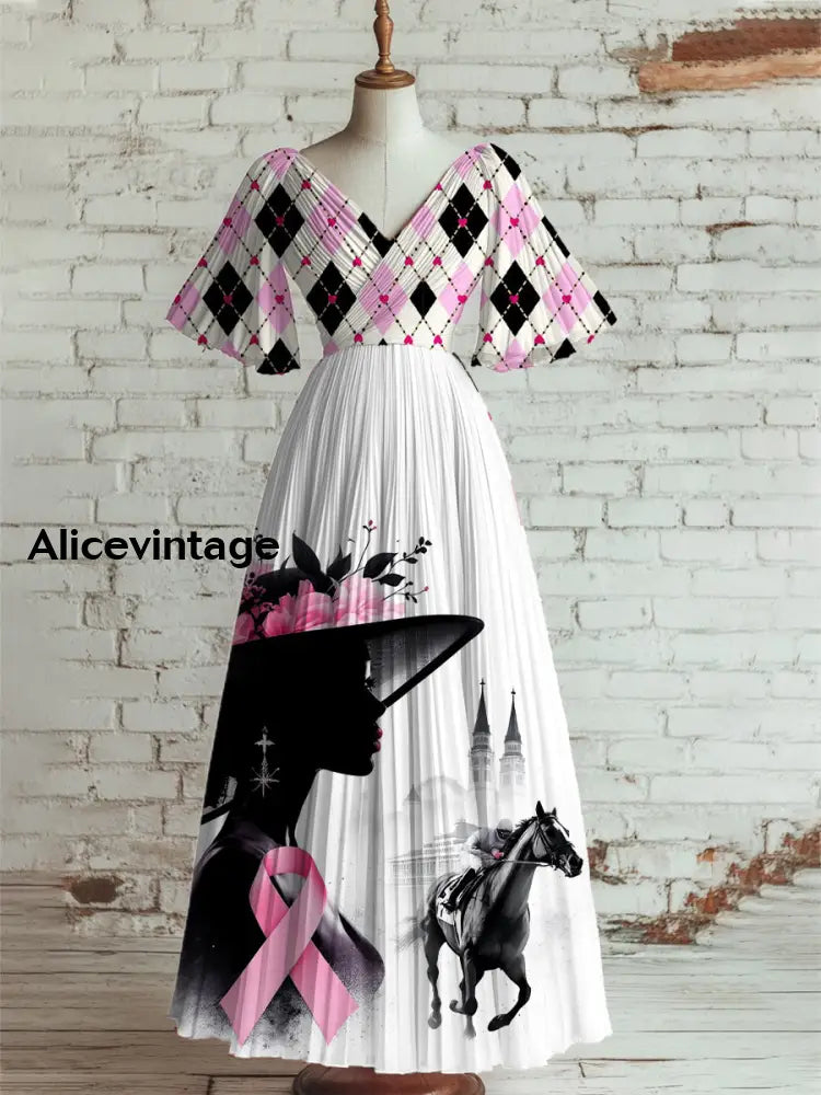 Vintage Derby Day Art Print V Neck Midi Dress A / S