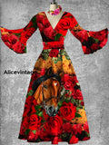 Vintage Derby Day Print V Neck Bell Sleeve Midi Dress A / S