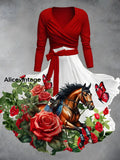 Vintage Derby Day Print V-Neck Midi Two-Piece Long Sleeve Dress A / S