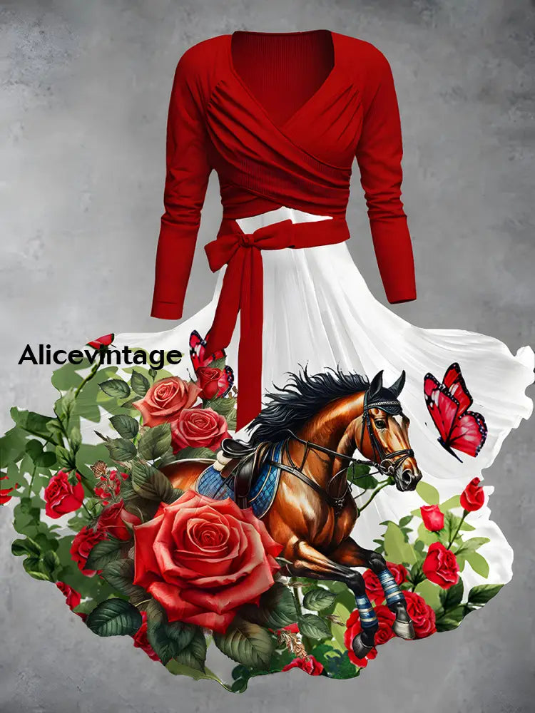 Vintage Derby Day Print V-Neck Midi Two-Piece Long Sleeve Dress A / S