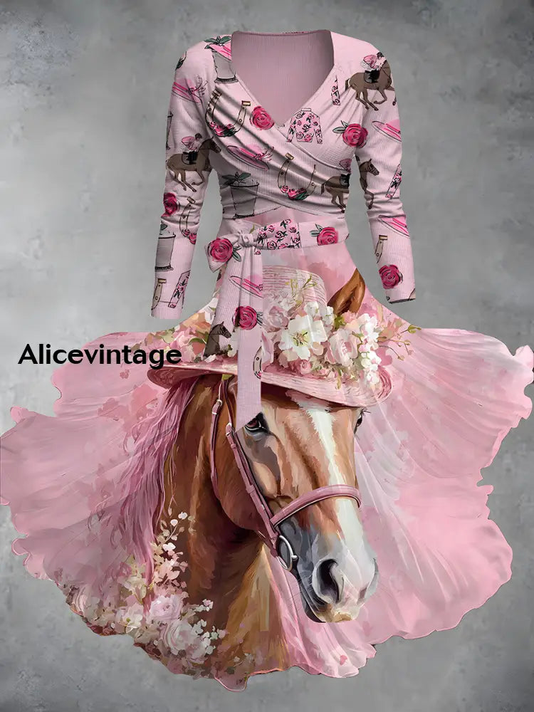 Vintage Derby Day Print V-Neck Midi Two-Piece Long Sleeve Dress A / S