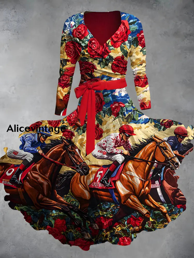 Vintage Derby Day Print V-Neck Midi Two-Piece Long Sleeve Dress A / S