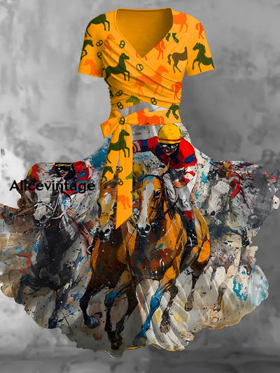 Vintage Derby Horse Racing Print V-Neck Short Sleeve Two-Piece Midi Dress A / S