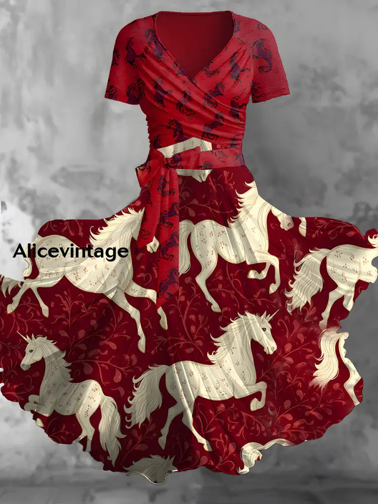 Vintage Derby Horse Racing Print V-Neck Short Sleeve Two-Piece Midi Dress A / S