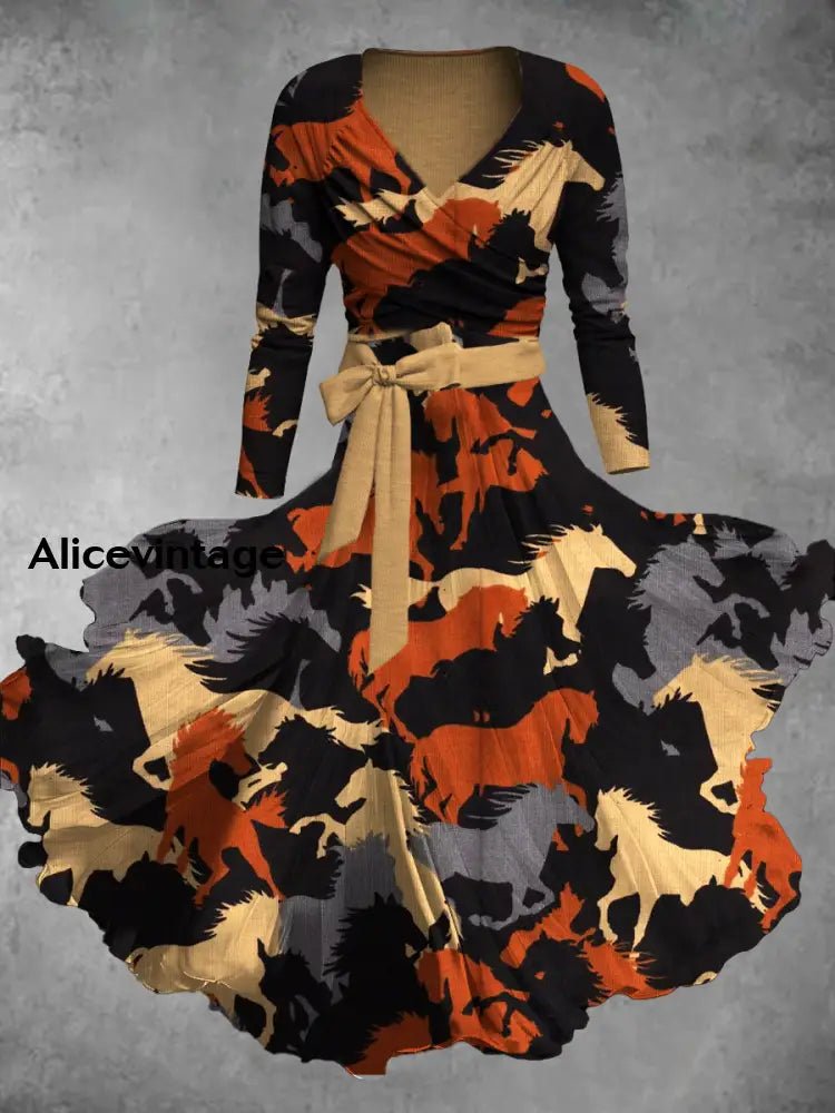Vintage Derby Print V Neck Midi Two Piece Long Sleeve Dress A / S