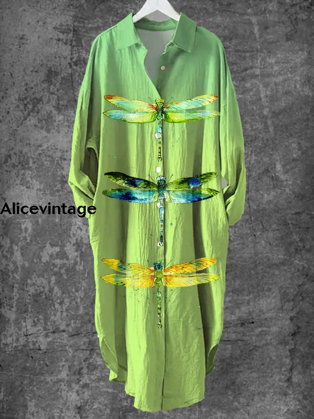 Vintage Dragonfly Art Print Chic Long Sleeve Casual V-Neck Button Loose Shirt Dress A / S