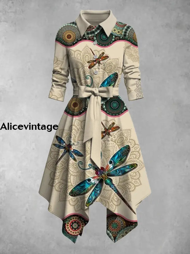 Vintage Dragonfly Art Print Lapel Half Sleeve Button Up Midi Shirt Dress A / S