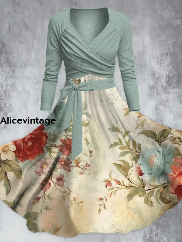 Vintage Elegant Flower Print V-Neck Long Sleeve Straps Midi Dress A / S