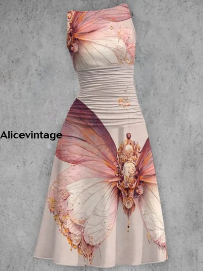 Vintage Elegant Pink Butterfly Printed V-Neck Sleeveless Fashion Midi Dress A / S