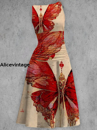 Vintage Elegant Red Butterfly Printed V-Neck Sleeveless Fashion Midi Dress A / S