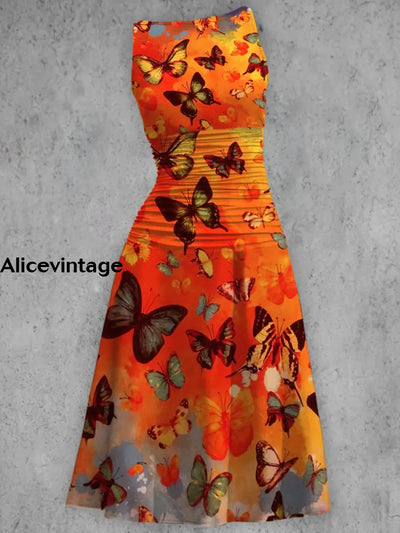 Vintage Elegant Red Butterfly Printed V-Neck Sleeveless Fashion Midi Dress A / S