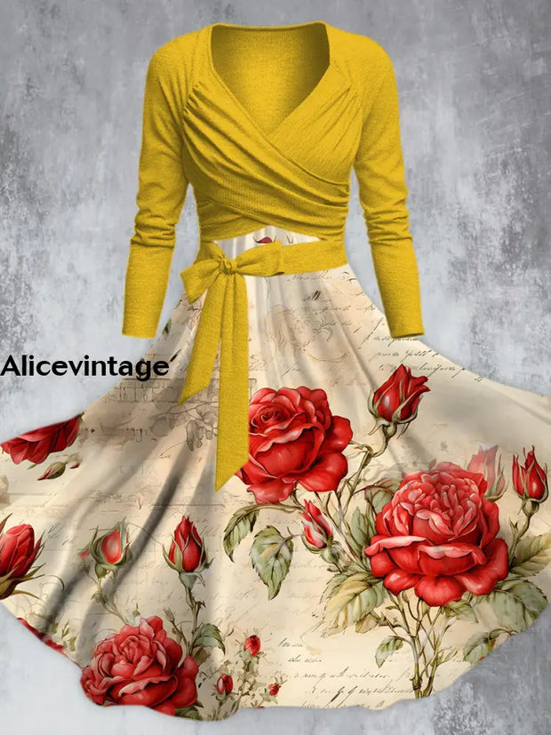 Vintage Elegant Rose Print V-Neck Long Sleeve Straps Midi Dress A / S