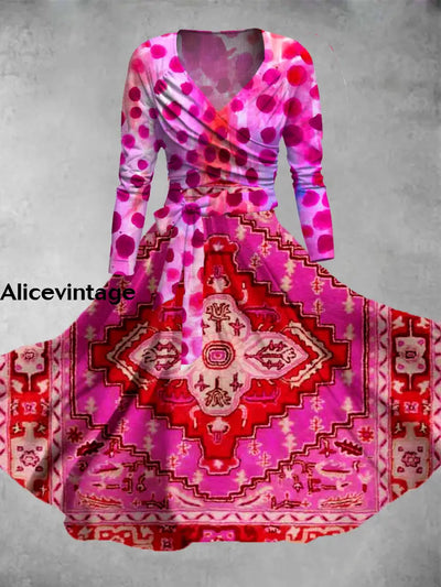 Vintage Ethnic Art Print V-Neck Long Sleeve Two-Piece Midi Dress A / S