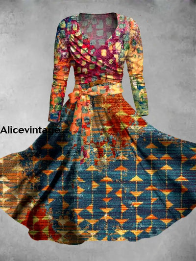 Vintage Ethnic Art Print V-Neck Long Sleeve Two-Piece Midi Dress A / S