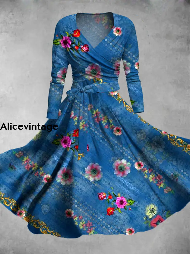 Vintage Ethnic Art Print V-Neck Long Sleeve Two-Piece Midi Dress A / S