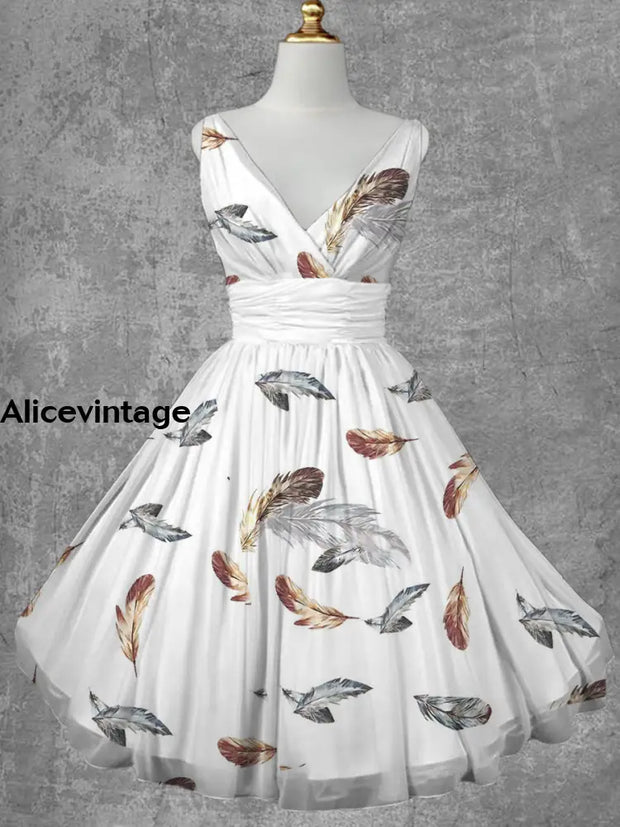 Vintage Feather Art Print Cross Fold Short Sleeve Two-Piece Midi Dress A / S