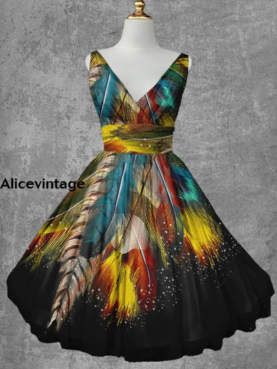 Vintage Feather Art Print Cross Fold Short Sleeve Two-Piece Midi Dress A / S