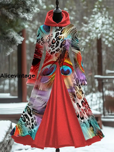 Vintage Feather Art Print Hooded Patchwork Long Sleeve 50S Elegant Slim Fake Two-Piece Midi Dress A