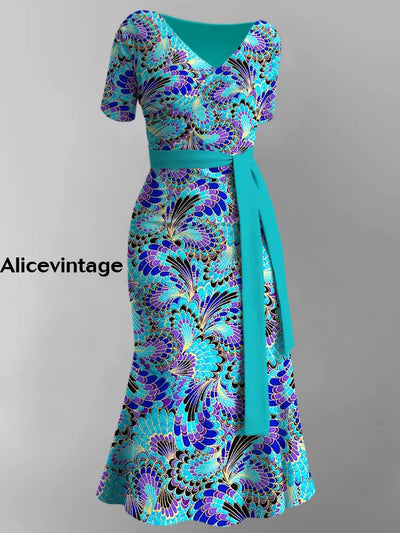 Vintage Feather Print V-Neck Chic Short Sleeve Midi Dress A / S