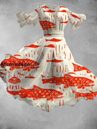 Vintage Fish Art Print V-Neck Elegant Chic Short Sleeve Flowy Midi Dress A / S