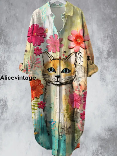 Vintage Floral Art Kitten Printed V-Neck Lapel Button Loose Midi Shirt Dress A / S