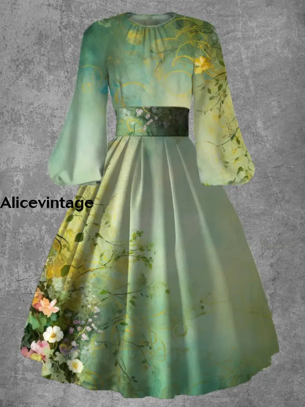 Vintage Floral Art Print 50S Elegant Chic Long Sleeve Midi Dress A / S