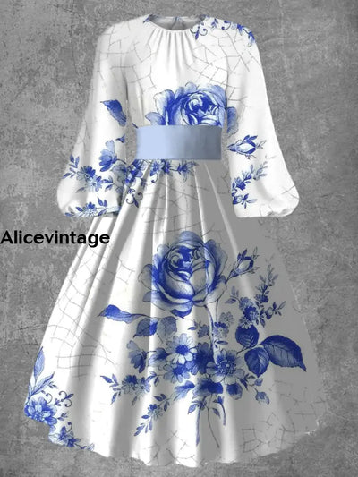 Vintage Floral Art Print 50S Elegant Chic Long Sleeve Midi Dress A / S