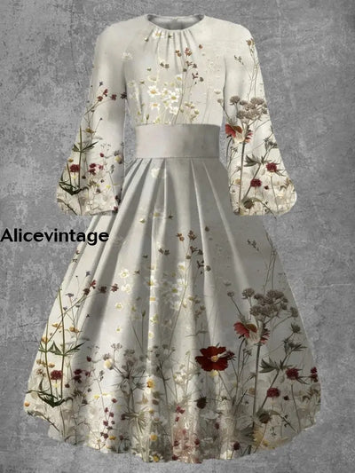 Vintage Floral Art Print 50S Elegant Chic Long Sleeve Midi Dress A / S