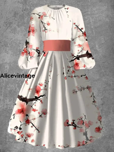 Vintage Floral Art Print 50S Elegant Chic Long Sleeve Midi Dress A / S