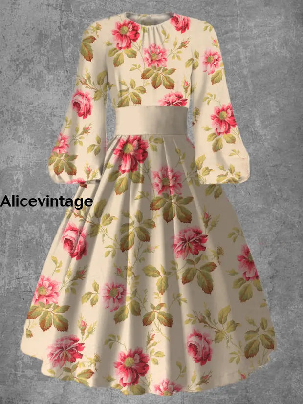 Vintage Floral Art Print 50S Elegant Chic Long Sleeve Midi Dress A / S