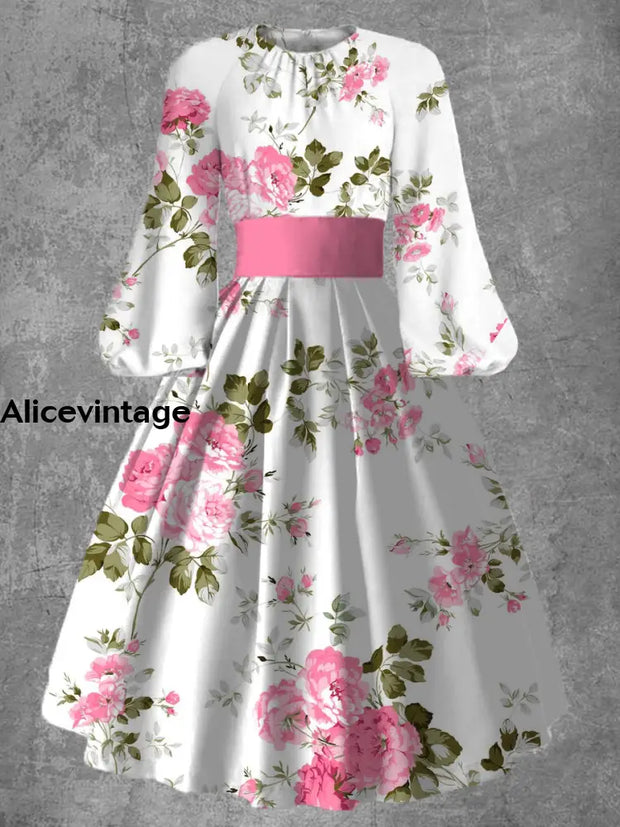 Vintage Floral Art Print 50S Elegant Chic Long Sleeve Midi Dress A / S