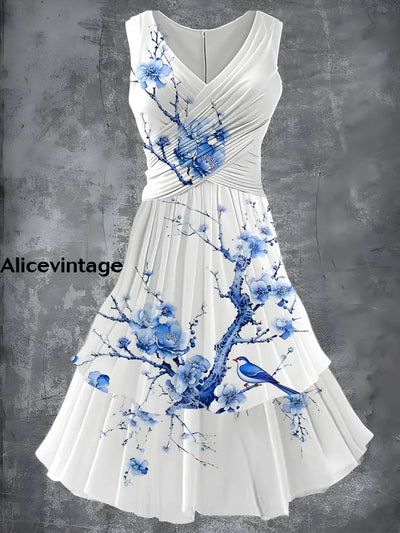 Vintage Floral Art Print 50S Elegant Chic Sleeveless Midi Dress A / S