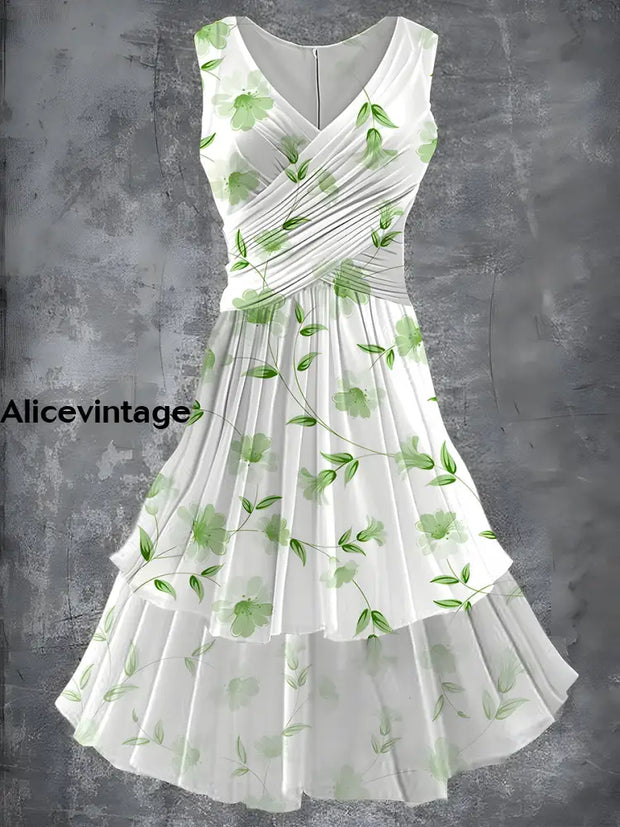 Vintage Floral Art Print 50S Elegant Chic Sleeveless Midi Dress A / S