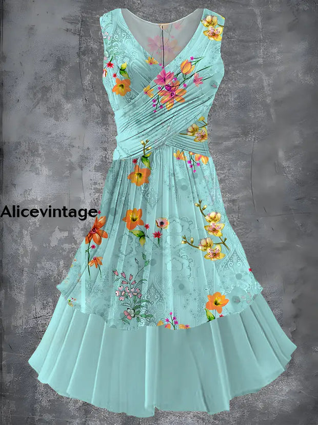 Vintage Floral Art Print 50S Elegant Chic Sleeveless Midi Dress A / S