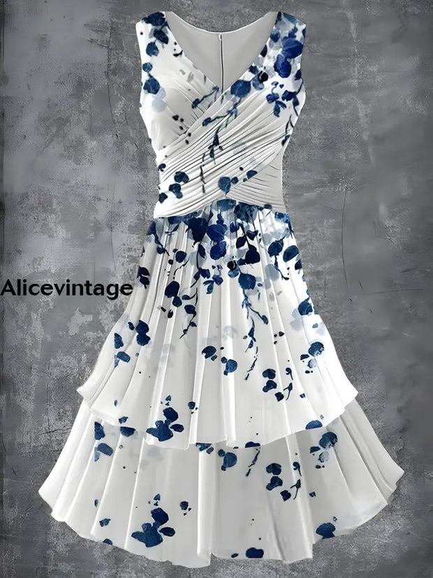 Vintage Floral Art Print 50S Elegant Chic Sleeveless Midi Dress A / S