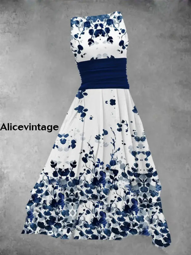 Vintage Floral Art Print Casual Fashion Sleeveless Midi Dress