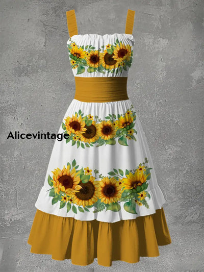 Vintage Floral Art Print Casual Midi Dress A / S