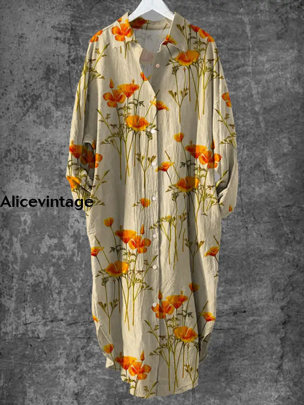 Vintage Floral Art Print Chic Long Sleeve Casual Shirt Dress A / S