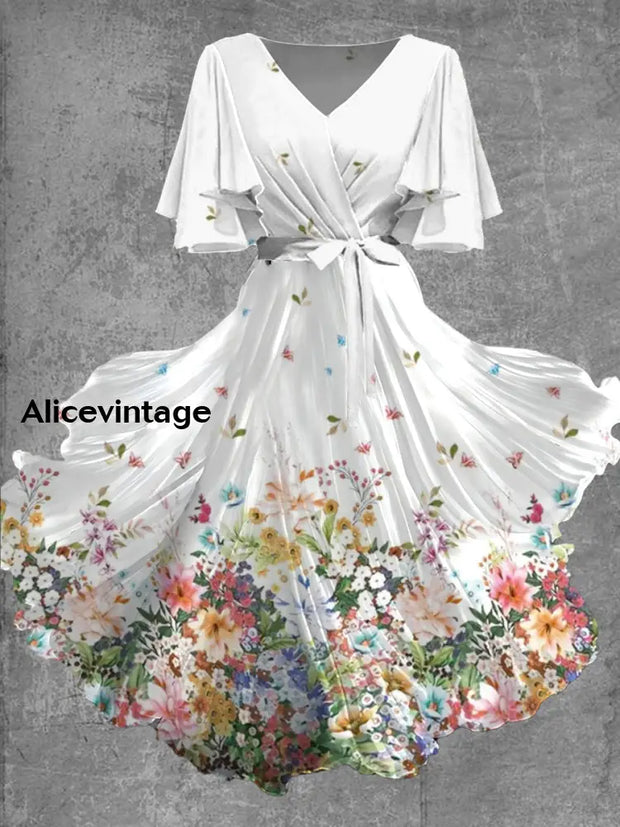 Vintage Floral Art Print Chic V-Neck Short Sleeve Midi Dress A / S